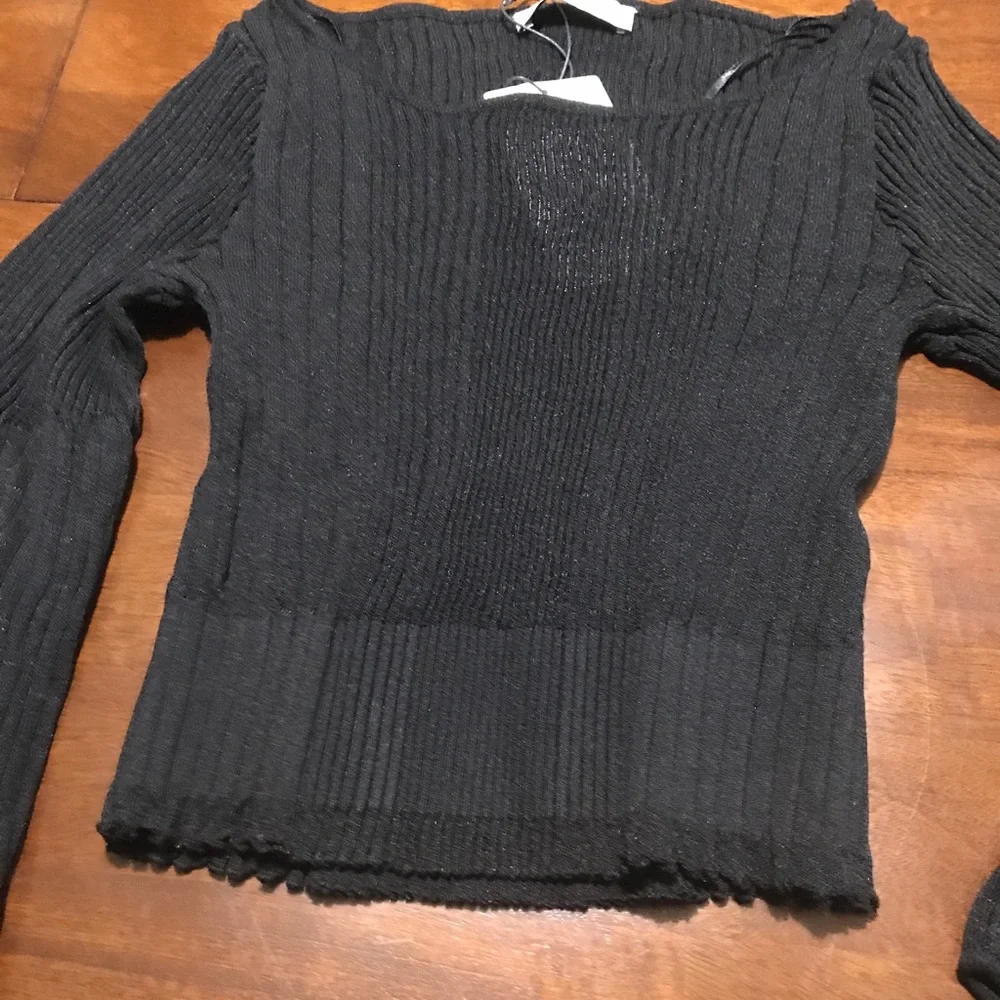 Zara Black Ribbed Knit Balloon-Sleeve Crop Top